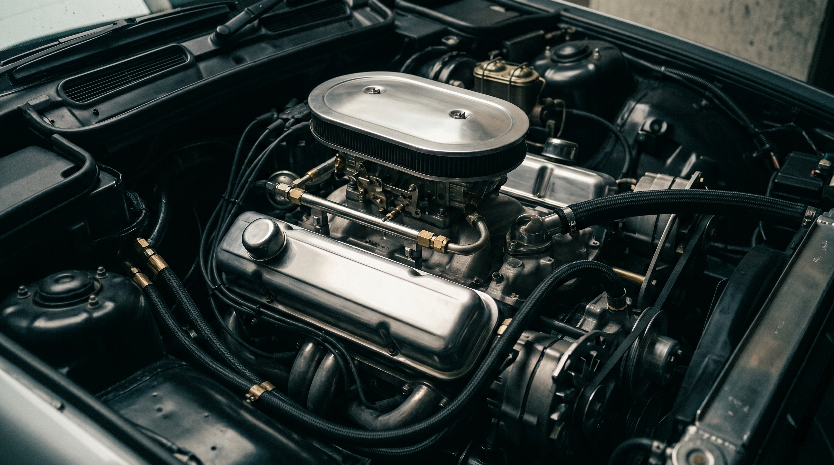 Polished aluminum V8 engine bay with stainless intake plenum and braided lines.