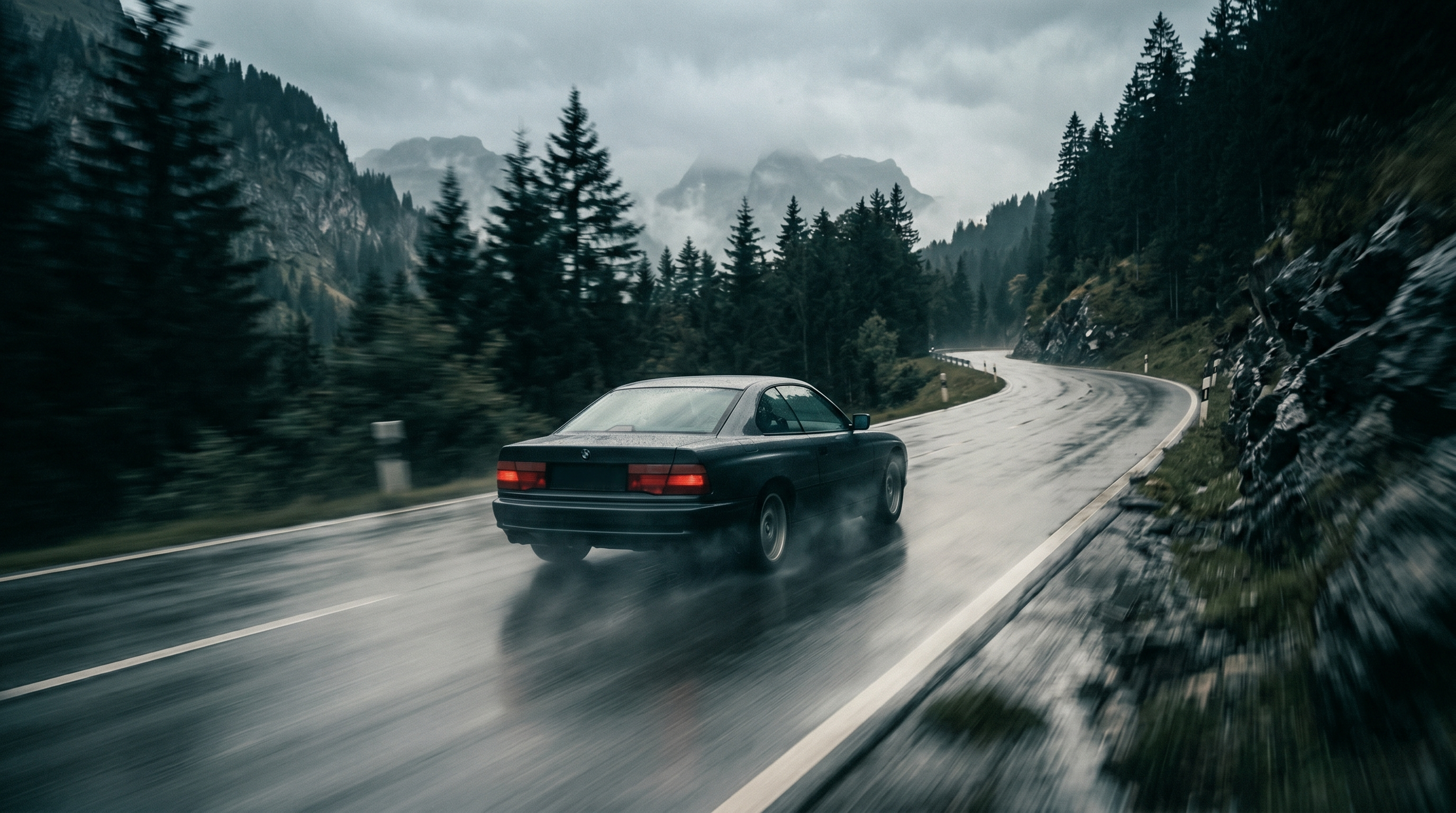 Black grand tourer driving fast on a wet alpine pass road through mist and pine forest.